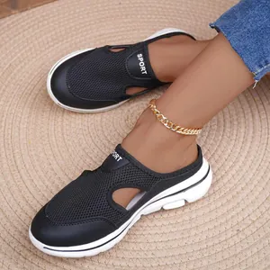 Detailed macro view of black breathable mesh platform mules with a white sole and logo