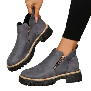 Women's grey suede round-toe ankle boots with side zipper and chunky heel for autumn
