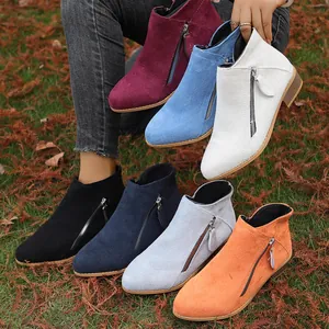 Women's Suede Pointed Toe Chunky Heel Ankle Boots Double Side Zipper Western Style Autumn Winter Mid Heel Short Boots