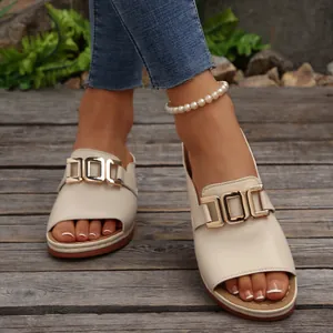 Elegant beige open-toe platform sandals for women with stylish gold metal buckle