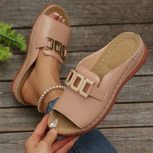 Pink wedge open-toe slides for women featuring a stylish metal buckle decoration
