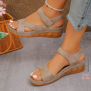 Detail view of women's wedge sandals showing 5.3cm platform heel height.