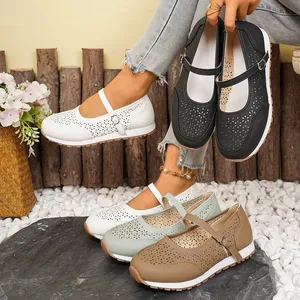 Zapatos Mary Janes Casuales para Mujer Calados Transpirables de Cuero PU Planos Correa con Hebilla Ligeros y Cómodos Zapatos para Caminar