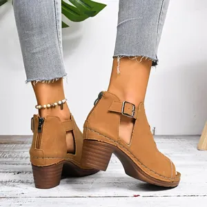 Side and back view of elegant brown peep-toe block heel sandals with adjustable buckle strap