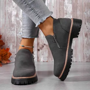 Close-up detail of stylish grey suede ankle boots with side zipper and chunky heel