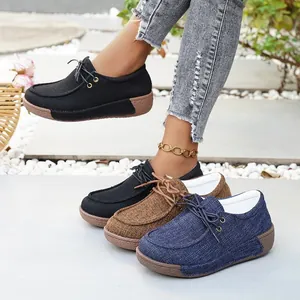 Mocasines de lona con suela gruesa para mujer y punta redonda con cordones chic