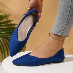 Detailed view of blue pointed-toe ballet flats showing soft suede texture on foot