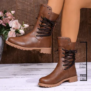 Detailed view of brown lace-up boots showing a 21.5cm shaft and 3.0cm heel height.