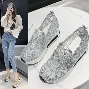 Elegant breathable mesh platform shoes with sparkling rhinestones for women in silver