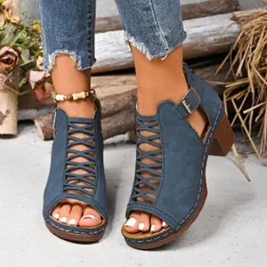 Stylish blue chunky high heel Roman hollow out buckle sandals in large size 43 for women