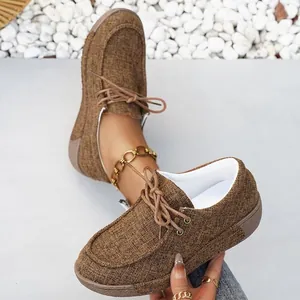Zapatos casuales retro con plataforma de lino marrón con cordones para uso diario mujer