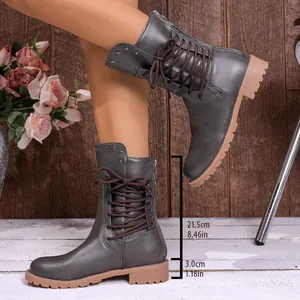 Grey lace-up women's mid-calf boots showing shaft height and heel measurements