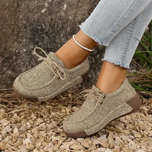 Zapatos de plataforma casuales de lona caqui para mujer con cordones y estilo retro