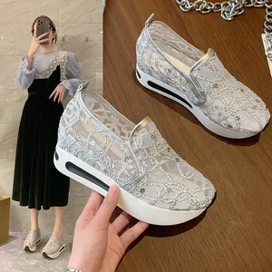 Fashionable women's silver mesh platform sneakers with lace embroidery and sequins
