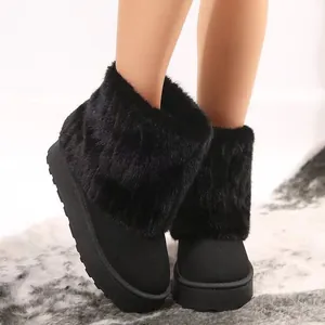 Detailed view of black platform snow boots with fluffy faux fur trim for winter warmth.