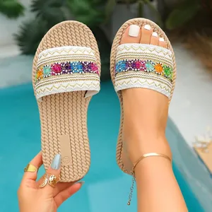 Chanclas con Plataforma Bohemias Étnicas para Mujer con Bordado de Paja Diseño de Cuña y Punta Abierta Playa Verano Vacaciones