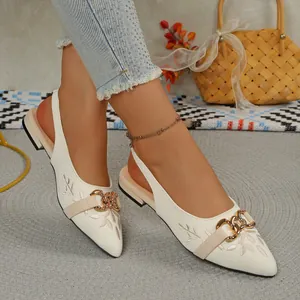 Elegant ethnic embroidered pointed-toe slingback sandals with gold metal chain for women