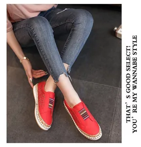 Red perforated fashion leisure slip-on loafers for women with striped elastic detail
