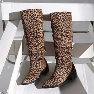 Stylish leopard print knee-high boots featuring a square toe and comfortable block heel