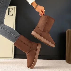 Detailed macro view of brown winter snow boots for women with thick warm fleece lining