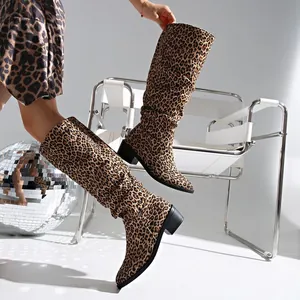 Stylish leopard print knee-high boots with chunky heels and square toe for fashion look