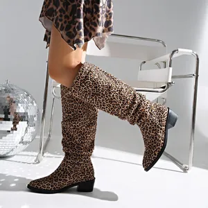 Detail of leopard print knee-high boots featuring square toe and chunky heel