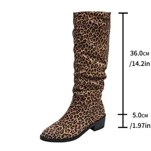 Detailed shaft height and heel measurements for leopard print square toe long boots