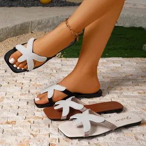 Sandalias Planas de Playa para Mujer con Estrella de Mar y Perlas Artificiales Chanclas de PU Estilo Vacaciones de Verano