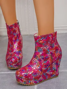 Detailed side view of colorful holographic platform wedge ankle boots with zipper