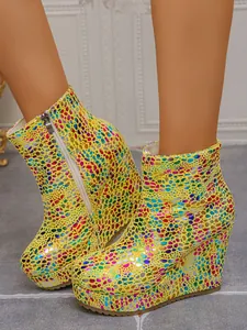Vibrant multicolor patterned women's wedge platform ankle boots with side zipper detail