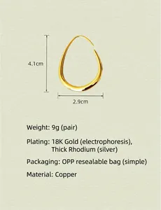 Vue détaillée de boucles d'oreilles gouttes dorées avec mesures précises des dimensions