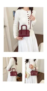 Asiatisches Model mit einer luxuriösen weinroten Boston-Handtasche aus Geflecht.