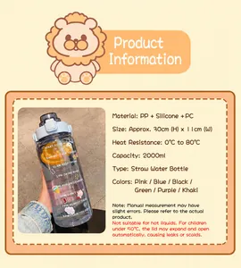 Large capacity 2000ml clear straw water bottle with motivational time markers
