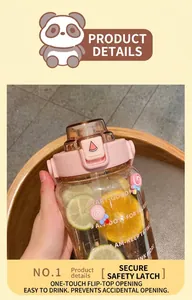 Detail of pink safety lock on a large clear plastic water bottle with straw and straw.