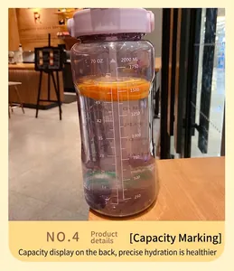 Détail d'une bouteille d'eau transparente de 2000ml avec graduations et paille