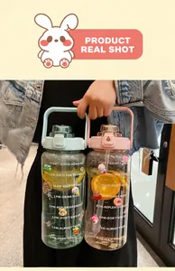 Large capacity straw water bottles with colorful stickers and motivational time markers