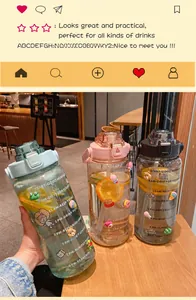 Three large-capacity clear water bottles with straws and cute decorative 3D stickers