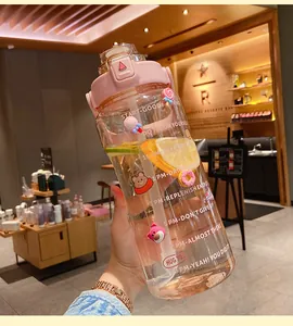 Grande bouteille d'eau rose avec paille et marqueurs de temps pour sport et fitness
