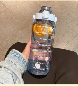 Gros plan d'une bouteille d'eau en plastique avec marqueurs de temps et autocollants