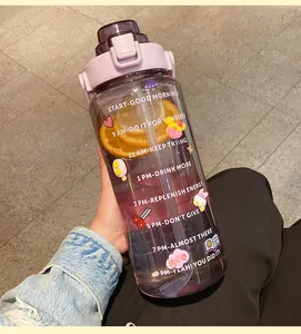 Vue détaillée d'une grande bouteille d'eau de sport en plastique avec marqueurs de temps motivants