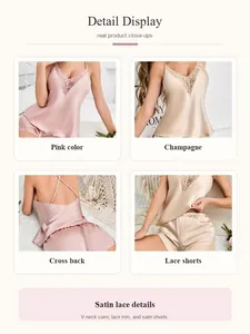 Vue détaillée de l'ensemble de pyjama en satin avec dentelle et dos croisé pour femme.