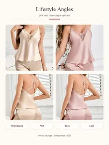 Vues détaillées des ensembles de pyjama en dentelle champagne et rose soyeux