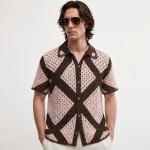 Polo en Maille à Manches Courtes Crochet Ajouré pour Hommes Motif Argyle Contrasté Cardigan Haut Décontracté Rétro