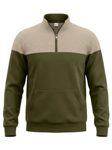 Detailaufnahme eines olivgrünen und beigen Sweatshirts mit gesteppten Schultern