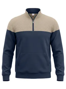 Detailansicht eines marineblauen und beigen Colorblock-Stepp-Sweatshirts mit Reißverschluss