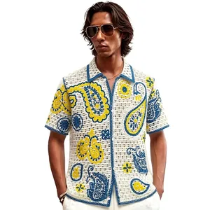 Men's Vintage Crochet Knitted Polo Shirt Hollow Out Thin Short Sleeve Jacquard Cardigan Paisley Floral Casual Vacation Top