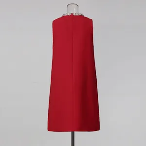 Back view of an elegant red sleeveless straight dress featuring a rhinestone collar
