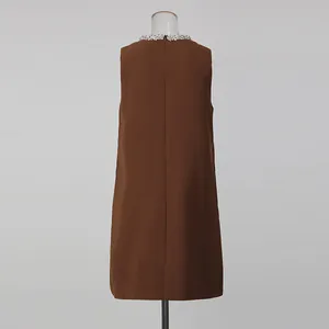 Back view of a brown sleeveless shift dress featuring an elegant jeweled collar detail.
