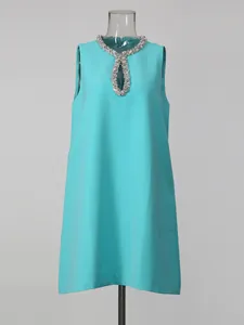 Elegant turquoise sleeveless A-line dress with rhinestone keyhole neckline