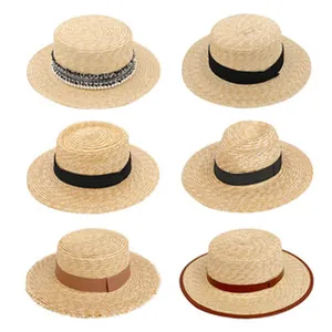Six vintage straw hats for women featuring various decorative bands for sun protection.